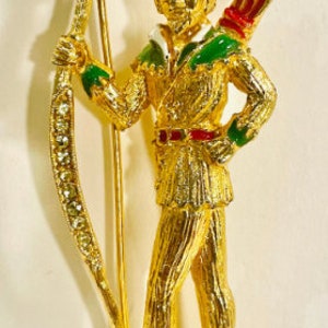 Vintage Rotkehlchen Kapuze Emaille Pin Brosche Figural mit Strass Pfeilen signiert #KofB 75