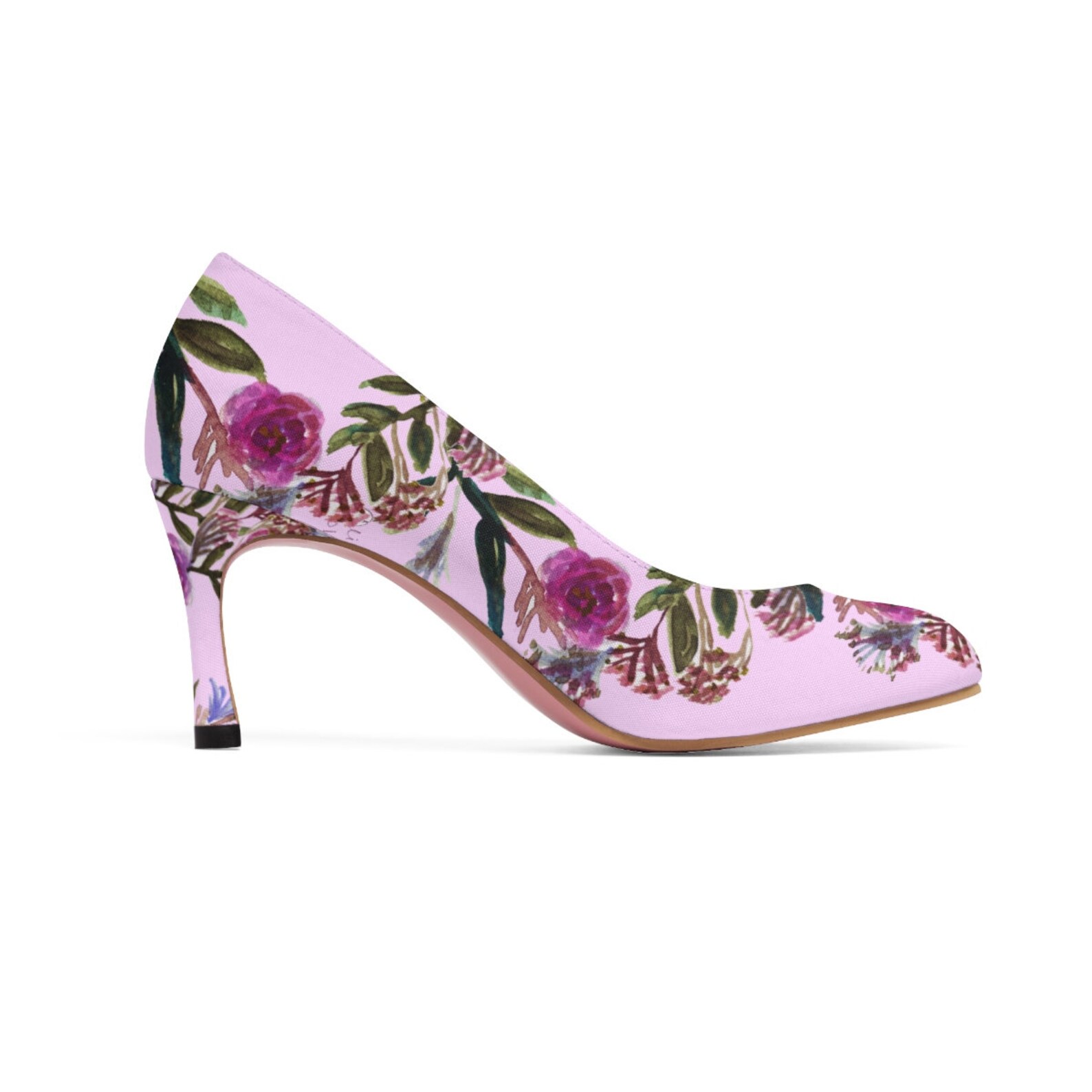 kana ballet pink rose floral print purple pink rose women's high heels canvas shoes (us size 5-11), 80s floral heel, rose fl