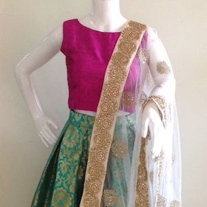 Brocade Skirt & Raw Silk Crop Top with Dupatta | Made to Order Ethnic Set