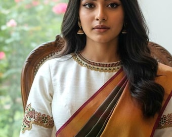 Ivory Raw Silk Blouse: Kundan Zardosi Embroidery