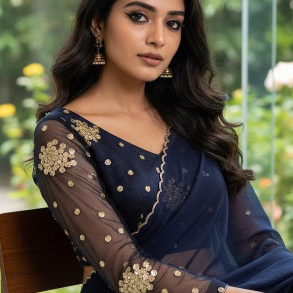 Navy Blue Pailletten-Stickerei-Bluse: Sheer Sleeve Top mit V-Ausschnitt