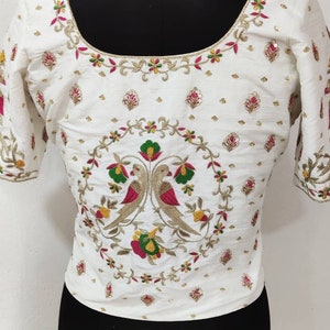 Custom Raw Silk Blouse with Multicolour Zardosi Embroidery | Made to Order Saree Blouse