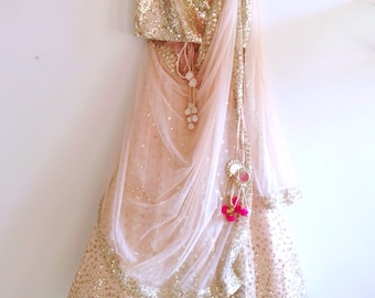 Blush Pink Pailletten Lehenga mit Gold Pailletten Bluse | Designer Indische Hochzeit Lehanga | Individuell genähtes Lengha Choli