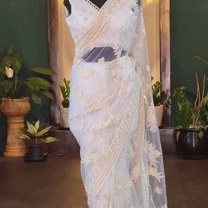 Ivory Sequin & Thread Work Net Saree - Elegant White Saree - Ready-to-Wear Indian Saree - Custom Size Blouse