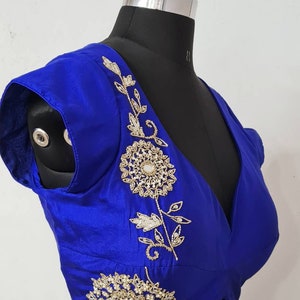 Royal Blue Silk Blouse with Sweetheart Neck & Cutbead Embroidery