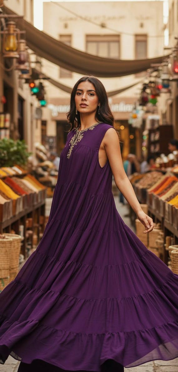 sachin and babi light blue dress Neerus Purple Floral Hand Embroidered Crepe Maxi Dress for Festive Wedding  Women – Neerus India main image 0