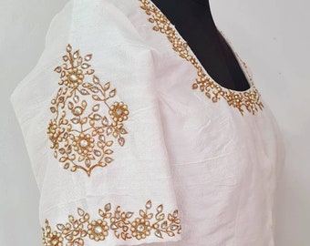 【送料&関税込】Bode Cream Satin Threadwork Blouse Custom Raw Silk Blouse With Kundan & Pearl Embroidery | Made