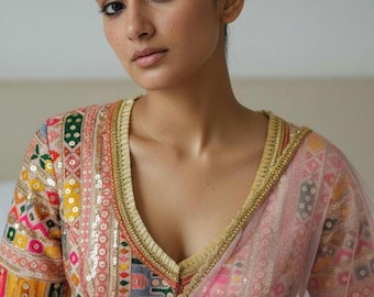 Embroidered Sequin Crop Top, Kutchi Blouse, Deep V Neck Blouse
