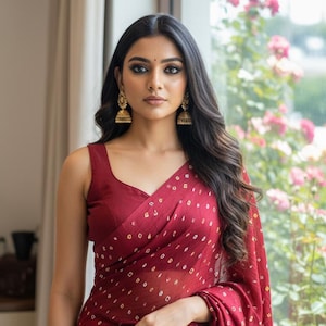 May include: A woman wearing a maroon saree with a subtle dotted pattern. The sleeveless blouse complements the saree, and gold earrings add a touch of elegance. Long, dark hair frames the face, and the background features a window with flowers.