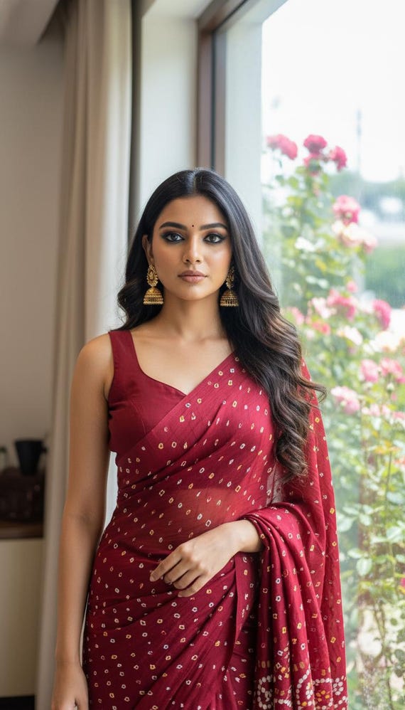 Blood Red Bandhani Gaji Silk Saree - Zari Border, Ready-Made Blouse