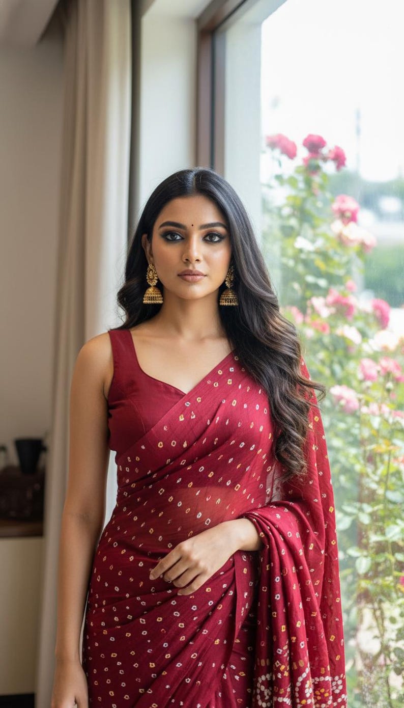 May include: A woman wearing a maroon saree with a subtle dotted pattern. The sleeveless blouse complements the saree, and gold earrings add a touch of elegance. Long, dark hair frames the face, and the background features a window with flowers.