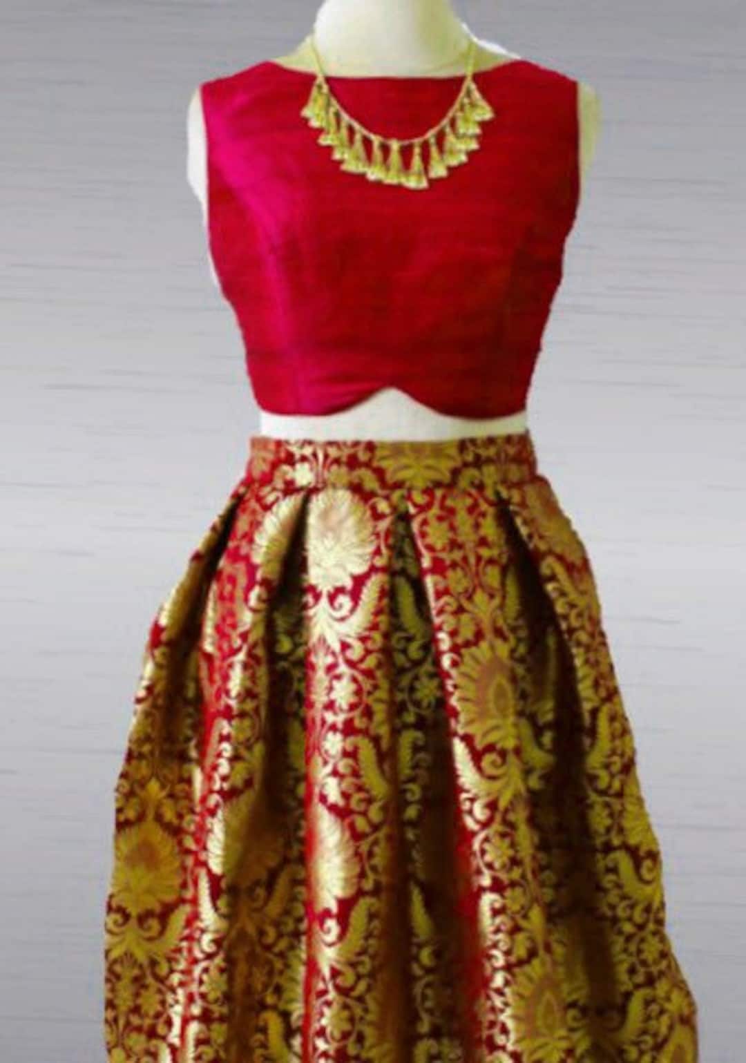 Brocade Skirt and Maroon Raw Silk Crop Top With Dupatta - Etsy