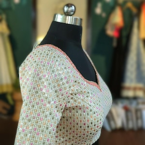 Ivory Net Blouse with Multicolor Sequin & Thread Embroidery | Designer Bridal Handmade Indian Saree/Lehenga Blouse
