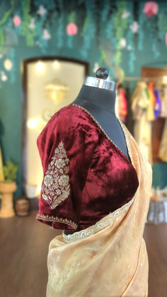 Exquisite Velvet Zardozi Blouse With Gold Tissue Silk Saree - Etsy