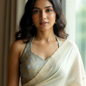 Silver Brocade Halter Neck Blouse | Custom Fit Indian Ethnic Wear