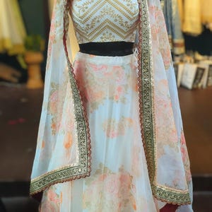 Off-White Floral Organza Lehenga Choli with Embroidered Blouse & Dupatta | Custom Made Indian Wedding Outfit