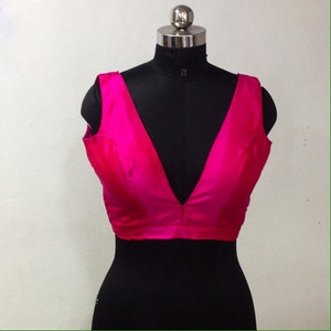 Hot Pink Silk Blouse for Saree - Deep V-Neck - Customizable - Indian Wedding Blouse - Ready to Ship