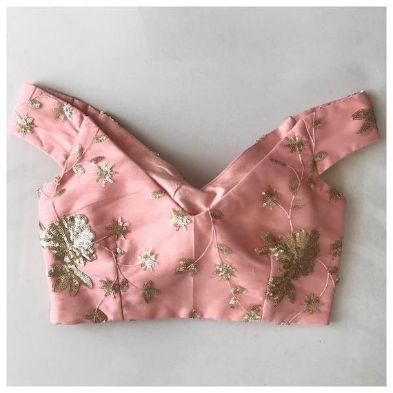 Custom Fit Peach Pink Raw Silk off Shoulder Blouse With Embroidery