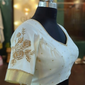 Ivory Kerala Kasavu Blouse with Gold Hand Embroidery