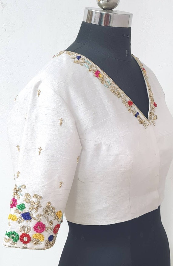 Custom Fit White Pure Raw Silk Blouse With Multicolor Embroidery -   Canada