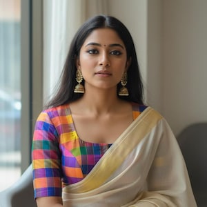 Mysore Silk Multicolor Check Blouse: Vibrant Jewel Tones, Festive Wear