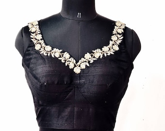 Sleeveless black pure raw silk blouse hand embroidered neckline