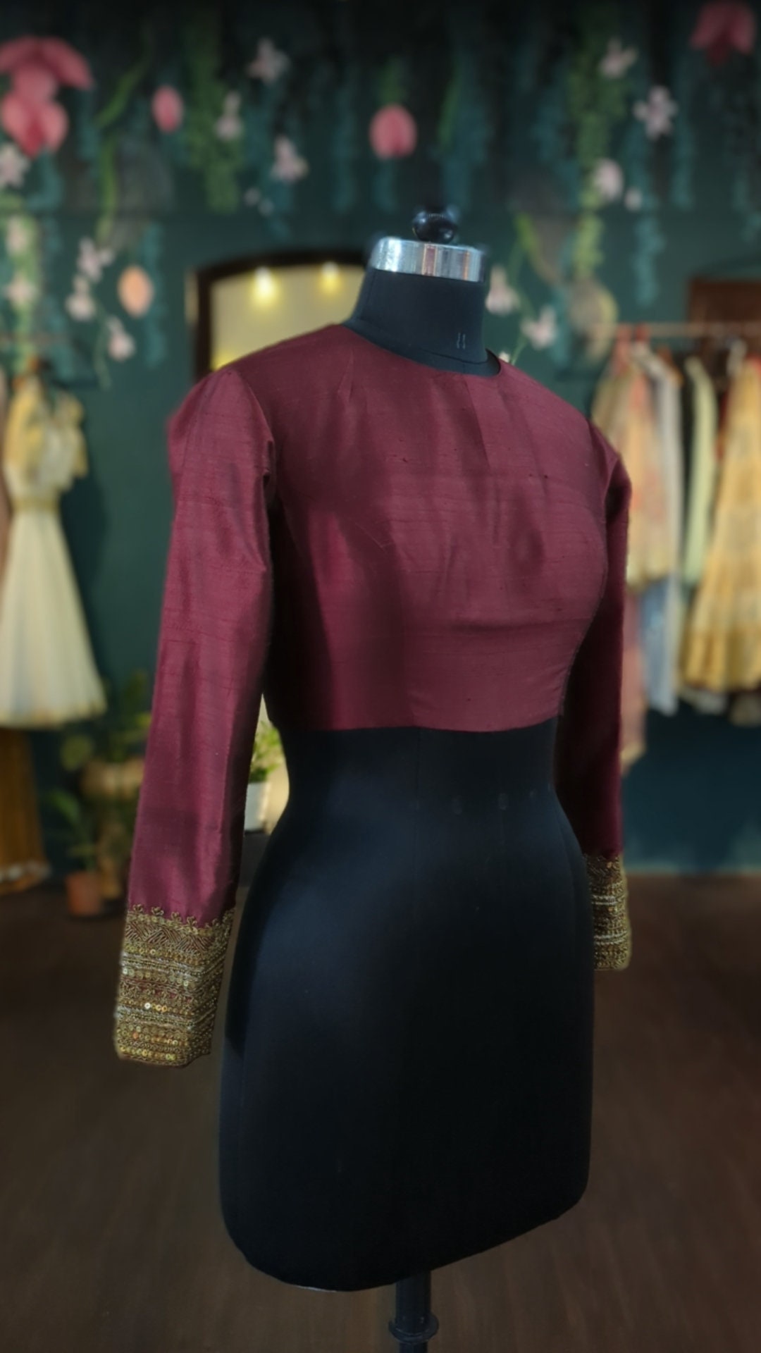 Elegant Rawsilk with golden sequence and  elbow sleeves main image 1