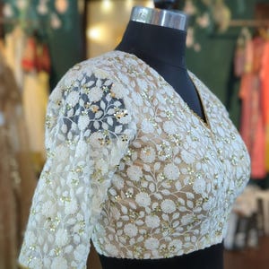 Ivory Threadwork Blouse: Sequin Flower Embroidery