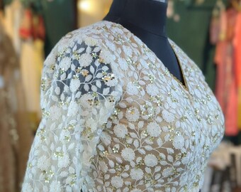 Ivory Threadwork Blouse: Sequin Flower Embroidery