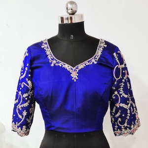 Custom Royal Blue Raw Silk Blouse with Kundan Work