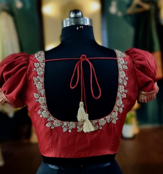 Red Pure Silk Blouse With Zardosi Work on Neck and Puff Sleeves