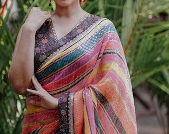 Sabyasachi Inspired Sequin Multicolor Stripe Saree with Black Printed Blouse | Ready-to-Wear or Custom Stitched