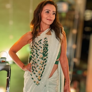 Pale Green Sequin Saree with Custom Blouse | Designer Sequin Sari | Indian Wedding Saree | Made to Order