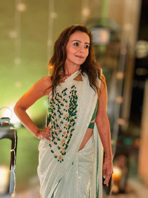 Sequin Saree: Custom Color Pale Green with Unstitched Blouse