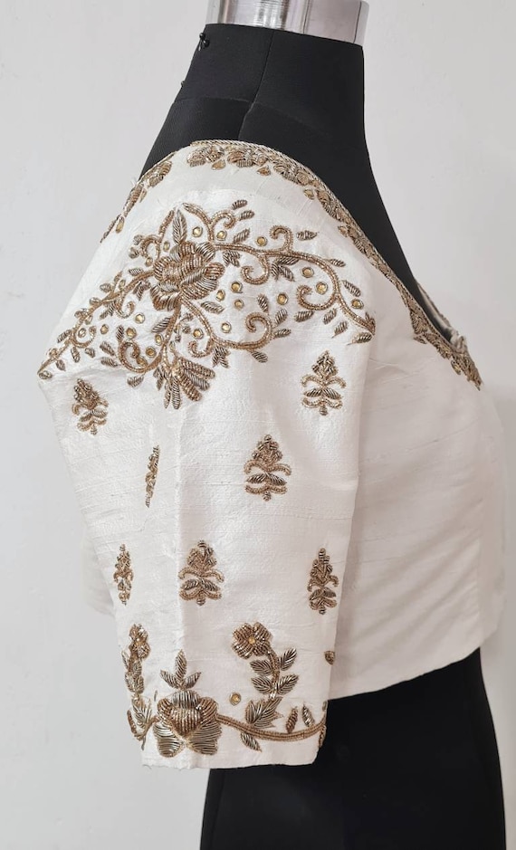 Custom Fit White Pure Raw Silk Blouse With Zardosi
