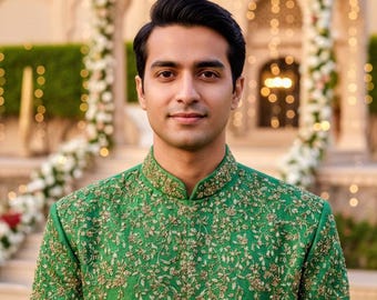 Embroidered Men’s Sherwani | Wedding & Reception Indo-Western Outfit | Royal Designer Bandhgala Jacket | Green sherwani