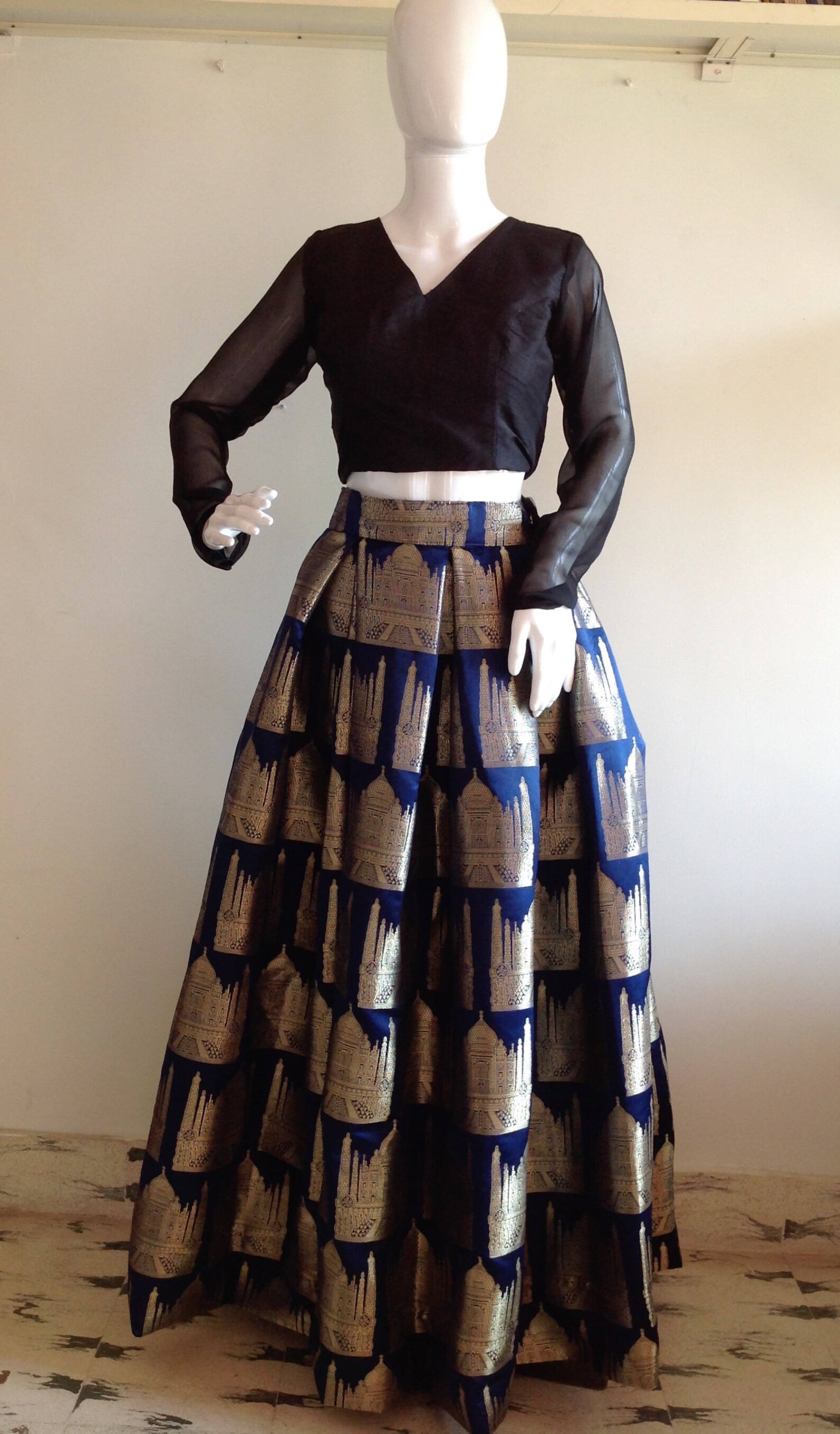 Navy Blue Brocade Box Pleat Skirt With Taj Mahal Design With Etsy India