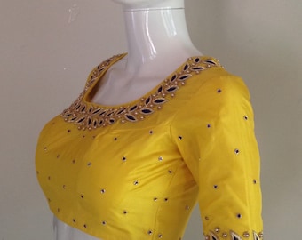 Sonnig Gelbe Seidenbluse: Zardosi Maggam Stickerei