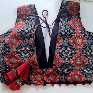 Ajrakh Cotton V-Neck Blouse - Navy Blue Multi-Color Print - Ready-to-Wear Saree Top - Custom Fit Available