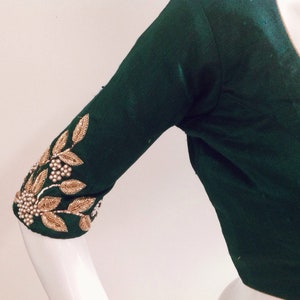 Custom Deep Green Raw Silk Blouse with Floral Embroidered Sleeves | Indian Readymade Saree Blouse | Designer Ethnic Wear
