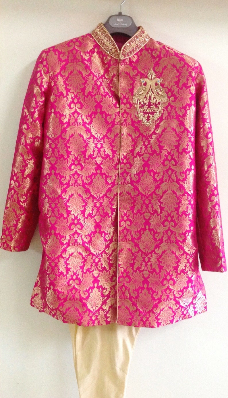 Brocade hand embroidered sherwani available is custom colors 