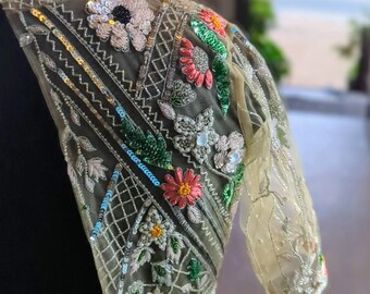 Sequin Floral Embroidered Blouse | Sheer Net Blouse | Custom Sizing Available