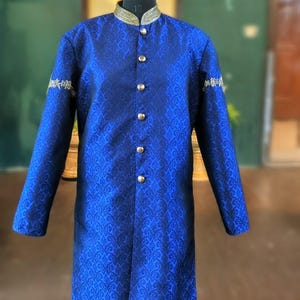 Men&#39;s Blue Jacquard Sherwani with Hand Embroidery - Custom Wedding & Groom Attire