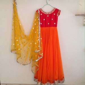 Red Mirror Work Anarkali with Sequin Dupatta | Custom Made Indian Gown | Voluminous Party Wear Anarkali Suit