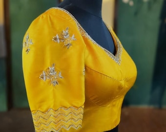 Yellow Silk Blouse: Pearl & Zardozi Embroidered Designer Top