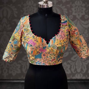Yellow Multicolor Print Semi Raw Silk Blouse - Custom Stitched