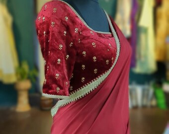 Kastanienbrauner Organza Saree mit individuell genähter Samtbluse, Paillettenstickerei-Bluse, indischer Hochzeit Saree, Party Wear Saree, bereit zu tragen