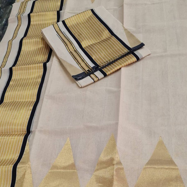 Black and gold pure handloom tissue set mundu pure gold zari border