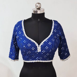 Custom Stitched Blue Mirror Work Blouse with White Lace