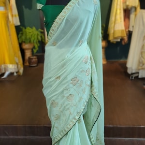 Emerald Green Sequin Georgette Saree with Deep Green Raw Silk Blouse | Indian Wedding & Party Wear Saree